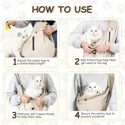 Dog Carrier Sling for Small Dogs/Cats Up to 15 lbs - Multi-Pocket Oxford Pet Sling Carrier Bag with Adjustable Strap (Beige)
