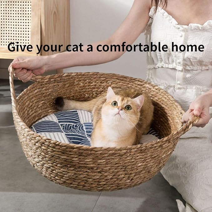 Cat Bed, Straw Woven Cat Baskets Bed, Round Wicker Cat Basket Nest, Non-Slip Cozy Kitten Bed for Cats Small Dog (with Cushion,Small)