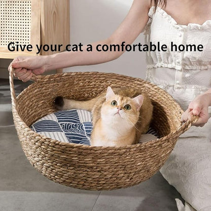 Cat Bed, Straw Woven Cat Baskets Bed, Round Wicker Cat Basket Nest, Non-Slip Cozy Kitten Bed for Cats Small Dog (with Cushion,Small)