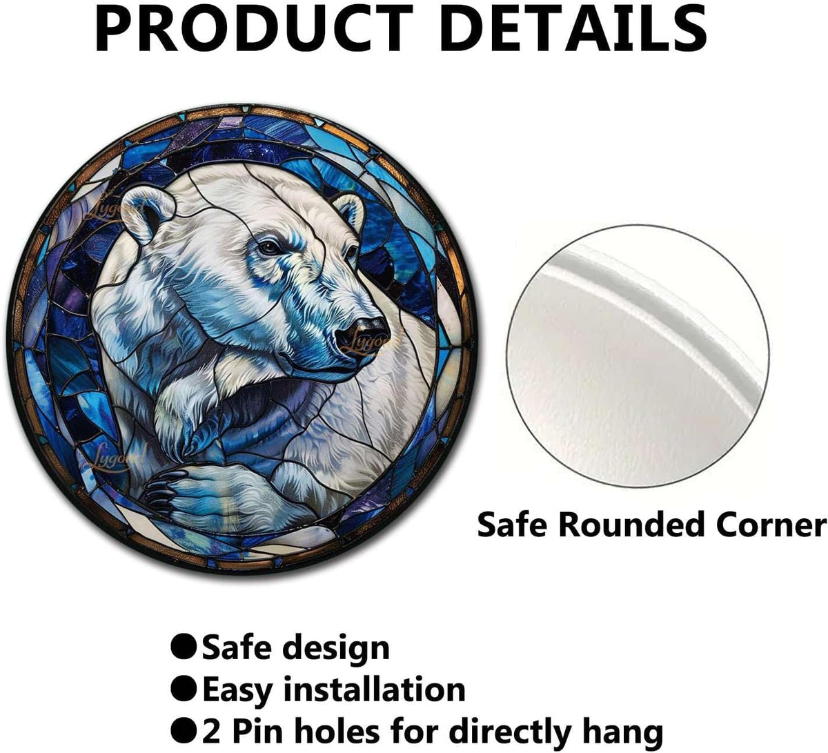 Lygond Metal Sign Tin Sign Circular Stained Glass Polar Bear2 Funny Sign For Garage 8×8 Inches