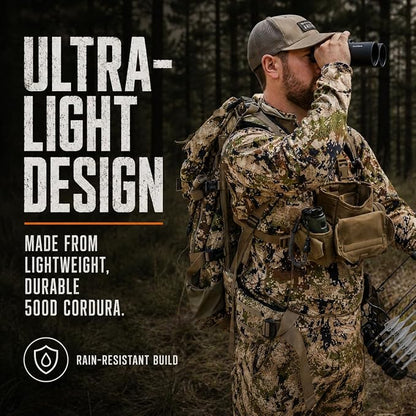 Binocular Harness Chest Pack - Bino Harness Hunting Chest Rig | Waterproof 500D Cordura case, silent magnetic closure, MOLLE rangefinder pouch, elk deer glassing