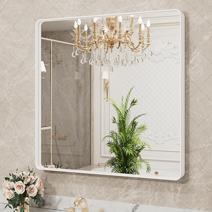 LOAAO 36x36 Inch White Metal Framed Bathroom Mirror