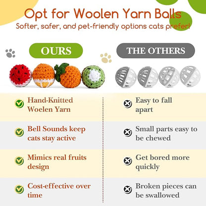 12 Pack Cat Toy Balls, Hand-Knitted Woolen Yarn Cat Balls Toy with Bell Inside, Interactive Kitty Toys for Indoor Kitten Teething, Chasing & Self Play(Fruit-Shaped)