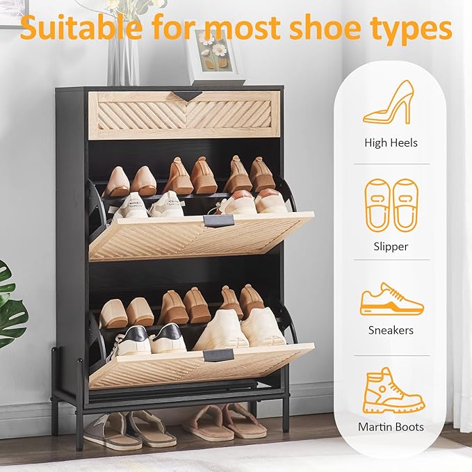 Shoe Cabinet Storage with 2 Flip Drawers, Narrow Hidden Shoes Organizer Cabinet
