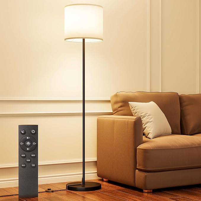 Keepsmile Dimmable Floor Lamps for LivingRoom with 12W LED Bulb, Foot Switch, Remote Custom Color Temperature Floor Light, Linen Shade Standing Lamps, Modern Tall Lamp for Office Bedroom Kid Room