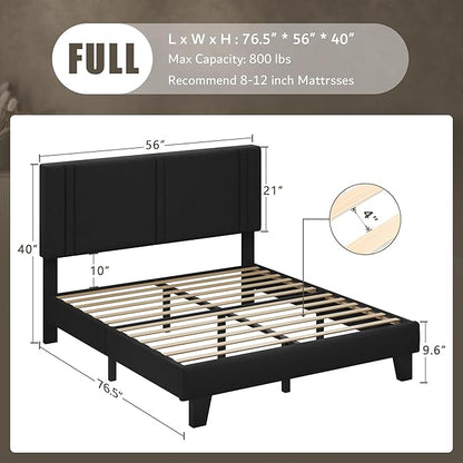 iPormis Full Platform Bed Frame with Fabric Upholstered Headboard & Thickened Legs, Mattress Foundation with Solid Wooden Slats Support, No Box Spring Needed, Noise Free, Black