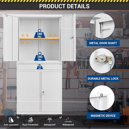 73" Metal Cabinet-White Heavy Duty Rolling Storage Cabinet Steel Tool Cabinets