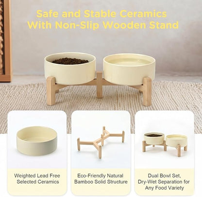 SPUNKYJUNKY Elevated Dog Bowls Ceramic, 5.1'' Dogs and Cat Food Water Bowls Raised with Non-Slip Bamboo Stand for Puppy Small Sized Breed Microwave Dishwasher Safe - 13.5 OZ,Beige