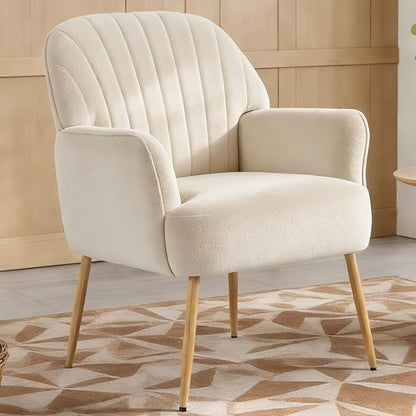Holiway Velvet Accent Chair, Modern Upholstered Single Living Room Chairs with Tufted Back, Cozy Sofa Side Armchair with Metal Legs for Bedroom/Office/Reading Room, Beige