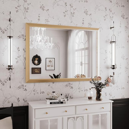 Amorho Bathroom Mirror, 50x36 Inch Golden Thick Metal Framed Wall Mirrors