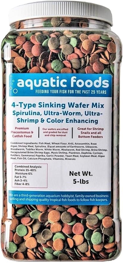 Aquatic Foods Inc. 4-Type 12mm - 1/2" Sinking Wafer Mix of Spirulina-Algae, Ultra-Worm, Ultra-Shrimp, Color Enhancing Wafers for Shrimp, Snails, Crabs, Crayfish, All Tropical Fish..5-lb Lg Jar