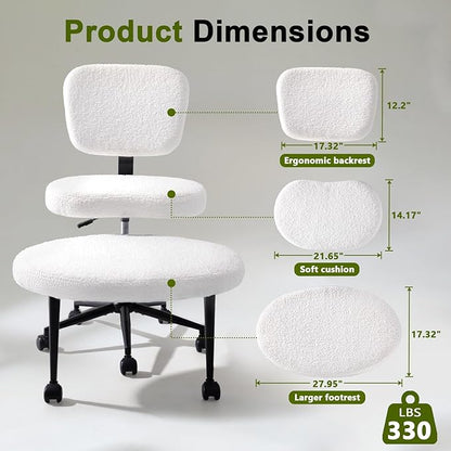 VITESSE Cross-Legged Ergonomic Chair 360° Swivel with Wheels, Adjustable Meditation Seat for ADHD, Lumbar Support, Teddy Fabric Home Office Chair,Off White