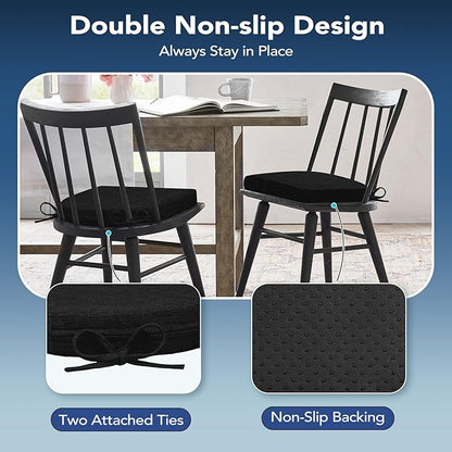 Chair Cushions for Dining Chairs, Non Slip Chair Pads with Ties and Washable Covers, Memory Foam Kitchen Chair Cushions Set of 4, 16"X16"X2.5", Black