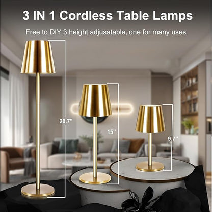 2 Pack Gold Cordless Table Lamp Rechargeable, Metal Small Bedside Table Lamp with 3 Adjustable Pole, 5400mAh Battery Operated Touch Lamp for Bedroom Kitchen Dining Waterproof & Portable