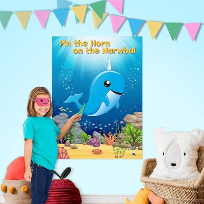 NEBURORA 2 Pack Pin The Horn on The Narwhal Party Game 2 Large 21"x 28" Posters with 48pcs Stickers Ocean-themed Birthday Party Supplies Decorations for Kids Boys Classroom Game Wall Home Decor