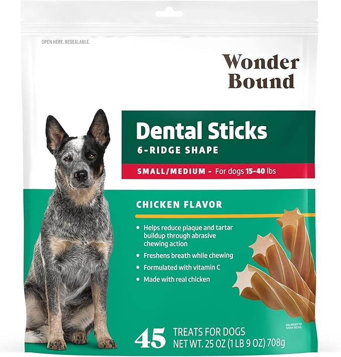 Wonder Bound Chicken Flavor Dental Sticks for Small/Medium Dogs (15-40 lbs), 6-Ridge Shape for Plaque & Tartar Control, Freshens Breath, Made With Real Chicken, 45 Count