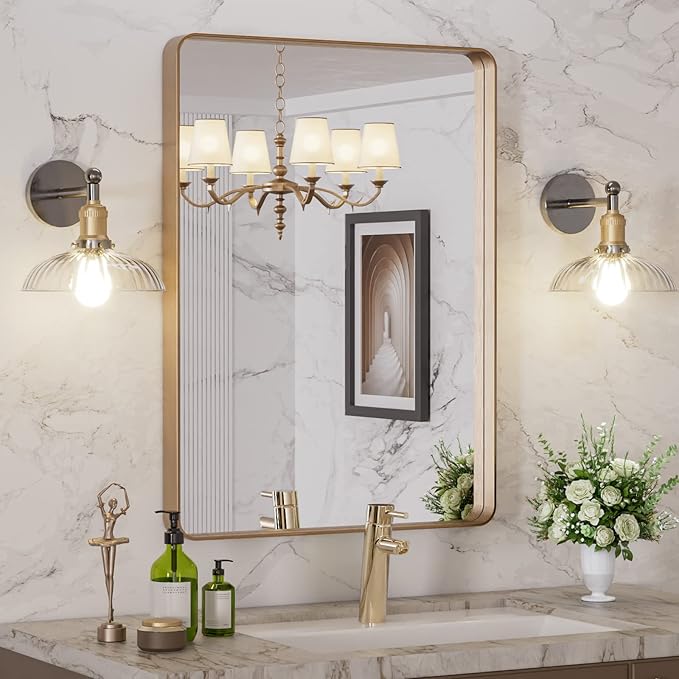 LOAAO 22”X30” Gold Bathroom Mirror, Rounded Rectangle Gold Frame Mirror
