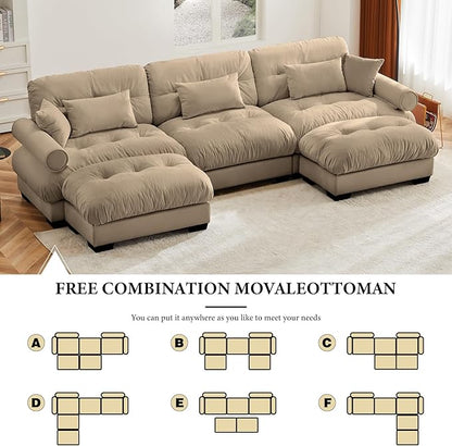 130" Oversized Couch, 3 Seater Modular Sectional Sofa, Camel Large U Shaped Sectional Couches for Living Room, Fluffy Couch Set, 3 Seater, Velvet Cloud Couch with Ottoman, Sofas for Living Room