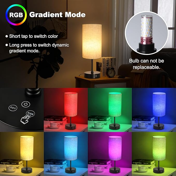 Unicozin Table Lamp Set of 2, 3 CCT 3000K/4500K/6500K & RGB Color Changing, Stepless Dimmable Small Bedside Lamp for Reading, Ambience Nightstand Light for Home Decor Party, Beige Shade