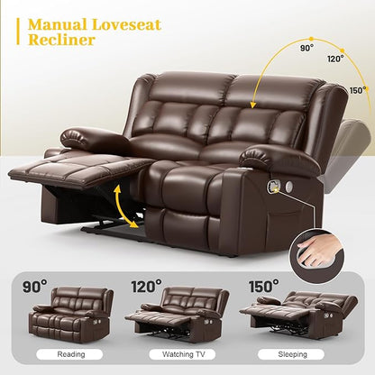 FURNIMAT New Loveseat Recliner Sofa, 2 Seater Reclining Loveseat Sofa, PU Leather Dual Recliner Chair, Modern Loveseat Couch for Living Room, with Cup Holder and USB Ports, Brown