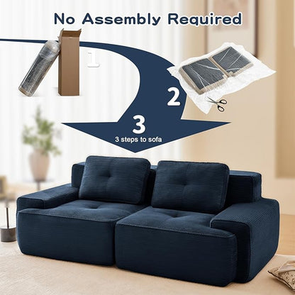 80" Modern Corduroy Boneless Love Seat Couches, 2 Seater Large Sectional Couches for Living Room, Blue Cloud Modular Sectional Sofa, Memory Foam, Extra Deep Loveseat, No Assembly