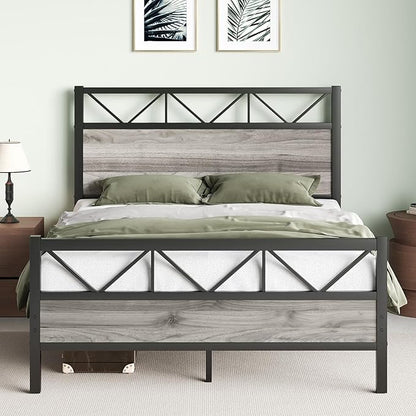 Queen Size Frame with 51.2" Tall Headboard, Platform Bed Frame with Metal Support, Solid and Stable, Noise Free, No Box Spring Needed, Wash Grey