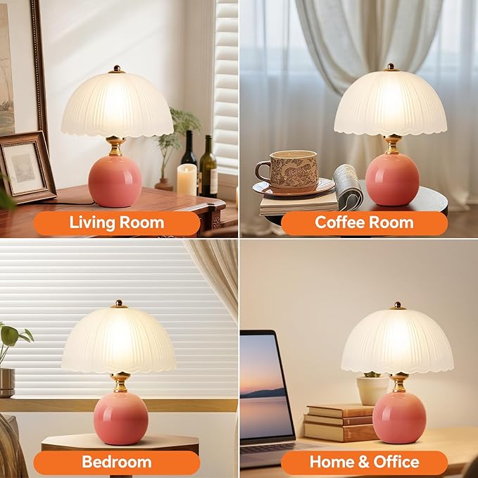 Ceramic Table lamp, Modern Bedside Lamps Pink Mid Century Vintage Desk Lamp Retro Glass Mushroom Traditional Lamp for Nightstand Living Room Bedroom Home Decor (S05PK-1PACK)