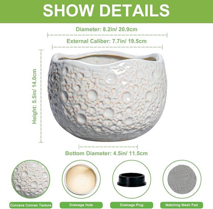 Ceramic Pots for Plants - 8 Inch Planters for Indoor Outdoor Plants, Modern Ceramic Flower Pots with Drainage Hole and Plug, Round Unique Plant Pot, Porch Office Decor, Garden Gifts, Grey