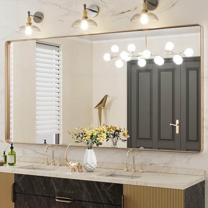 LOAAO 72”X36” Gold Bathroom Mirror, Rounded Rectangle Gold Frame Mirror