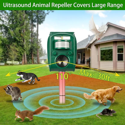 Solar Ultrasonic Animal Repellent Outdoor, Squirrel Deer Repellent Devices Motion Detection,IP65 Waterproof Cat Mouse Raccoon Dog Bird Repellent Deterrent 2 Pack