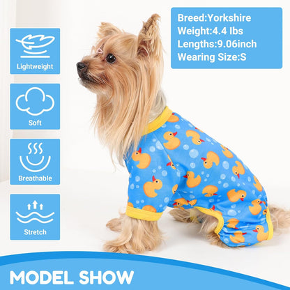 Dog Pajamas Small Sized Dogs Stretchable Summer Dog Clothes Pjs 4 Legs Girl Boy Cute Soft Puppy Outfits Doggie Cat Jammies Jumpsuit Sleeper for Pet, Blue Duck, L