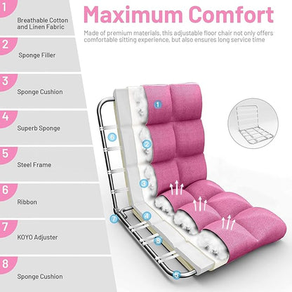 GORELAX Floor Chair with Back Support, 14-Poistion Adjustable Folding Gaming Chair Recliner, Meditation Chair with Steel Frame, Padded Lazy Sofa Chair for Adults, Kids (Pink)
