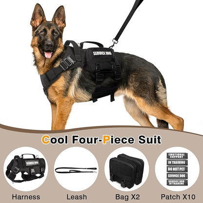 Tactical Dog Harness with Dog Leash, Service Working MOLLE Vest with 10 Pet Patches for Medium Dog, No Pull Military Harness and Backpack for Training Hunting Walking