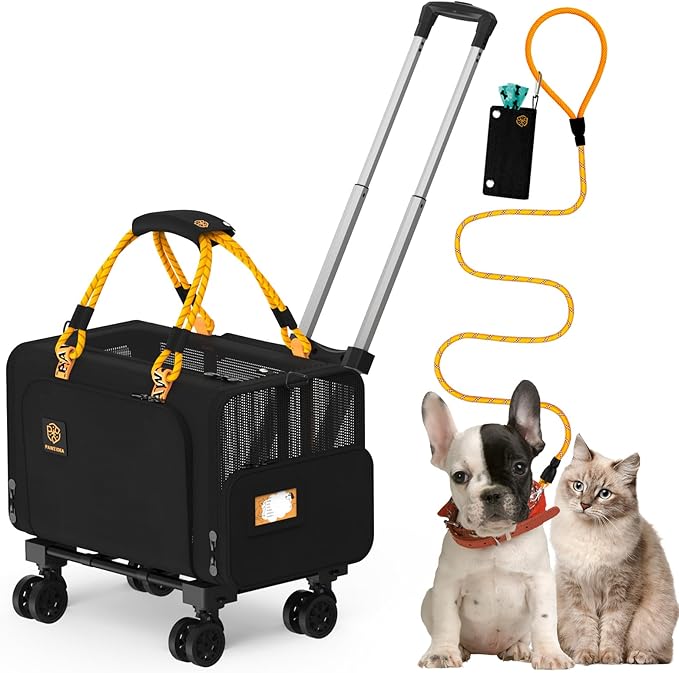PAWZIDEA Expandable Pet Carrier with Wheels, 18"x11"x11" TSA Airline Approved Cat Carrier for 2 Cats Under Seat, Soft-Sided Dog Carrier for Small Dogs Rolling Travel Bag w/Telescopic Handle, ID Card