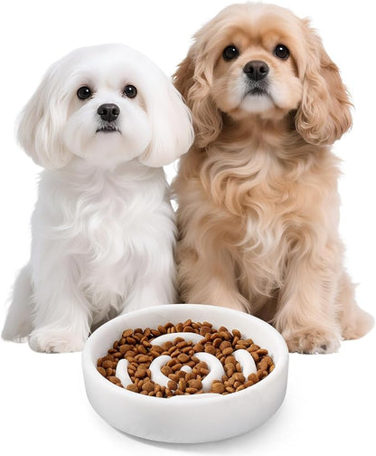Karibiber Marble Slow Feeder Dog Bowl, White Puppy Puzzle Dish for Small Dogs Cats, Heavy Non-Slip Stone Dog Food Bowl, Anti-Choke Bloat Stop Maze