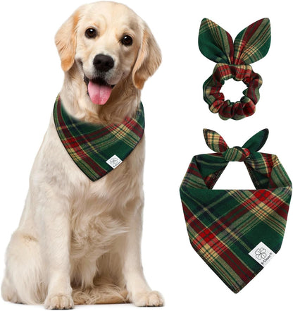 E-Clover Cute Dog Bandanas Plaid Dog Bandana Matching Scrunchie Pet Kerchief Scarf for Medium Large Dogs Boy Girl Green Red