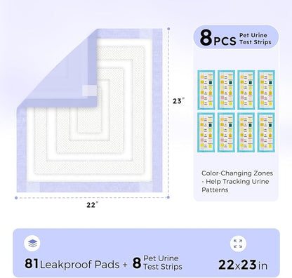 ZOMISIA 3D-Barrier Puppy Pee Pads for Dogs, 7 Cups Absorb & Rise Puffy Gel-Wall Leak-Proof, 22"x23" 81 Counts + 8 Pet Urine Test Strips, Super Absorbent Disposable Potty Training Pads