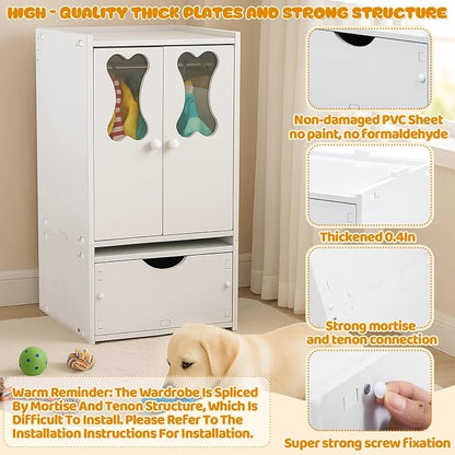 Teenyyou 22.84 x 12.99 x 12.6 Inch Pet Wardrobe Closet Dog Toy Clothes Storage Organizer with Doors and Telescopic Hanging Rod Combinable Drawers Closet Rack for Small Dog Cat Toys Clothes Accessories
