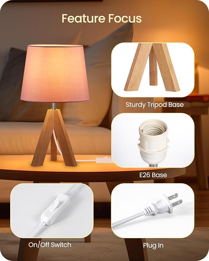 Small Tripod Table Lamp, Modern Nightstand Lamp with Fabric Shade, Boho Bedside Wood Desk Light for Bedroom, Kids Room, Living Room, Office, Study, Pink, P51TL05