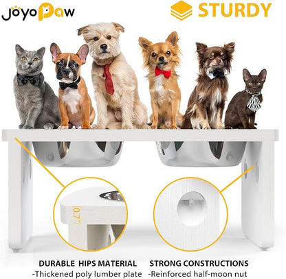 Elevated Dog Bowls, Waterproof Raised Dog Bowl for Medium Dogs, HIPS Poly Lumber Stand with 2 Stainless Steel Bowls, Indoor & Outdoor Use (7'' Tall-40 oz Bowl, White)
