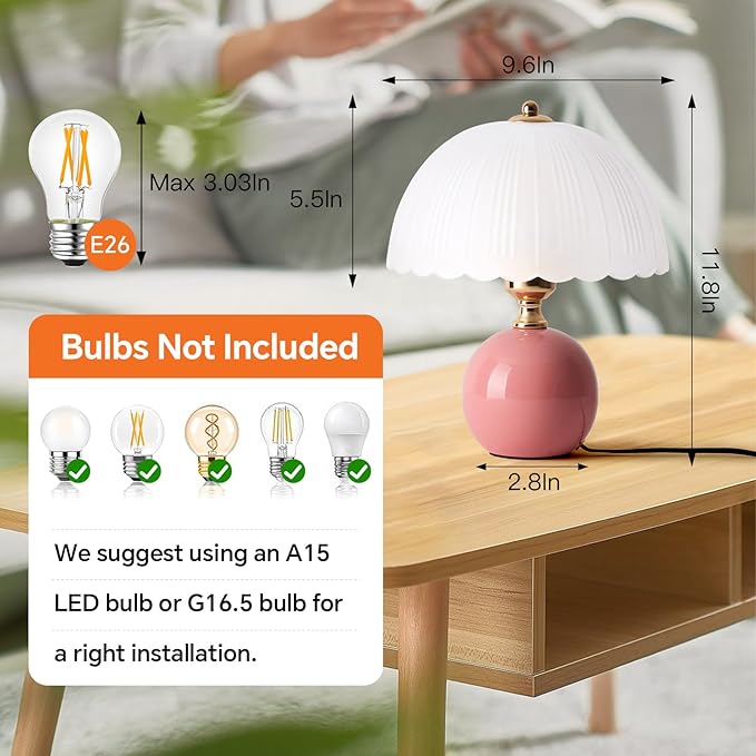 Ceramic Table lamp Set of 2, Modern Bedside Lamps Pink Mid Century Vintage Desk Lamp Retro Glass Mushroom Traditional Lamp for Nightstand Living Room Bedroom Home Decor (S05PK-2PACK)