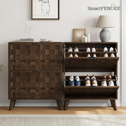 29.5“W Shoe Cabinet with 2 Embossed Checkerboard Pattern Flip Drawers,