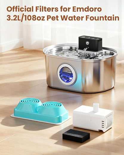 Official Replacement Filters for 3.2L/108oz Cordless Cat Fountain | 12 Pack Replacement Filters & Sponges - Multi-Layer Filtration - Easy Replacement for Emdoro Cordless Pet Fountain