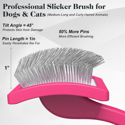 2PCS Slicker Brush for Dogs & Pet Comb,Professional Dog Grooming Brush (Goldendoodles,Poodles,Labradoodles) with Extra Long Pins to Effectively Remove Tangles, Knots and Mats (Pink)