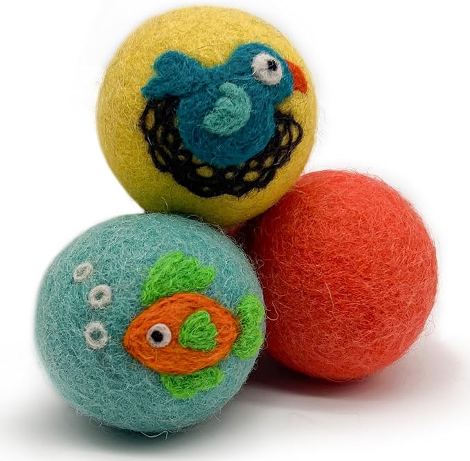 Hustle & Blush Wool Felt Balls - 3 Pack Love Ewe Pet Supplies – 2in Colorful & Durable Cat Toys Handmade from New Zealand, Ideal for Indoor Play and Mental Stimulation – Fish & Bird Design