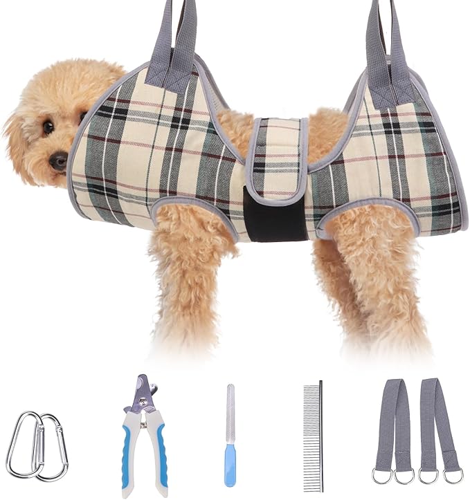 BEAUTYZOO Dog Grooming Hammock for Small Dogs Cat- Dog Sling for Nail Trimming/Clipping- Dog Hanging Harness Holder with Thick Fabric Neck Support & Strap Restraint Claw Care, Beige XS