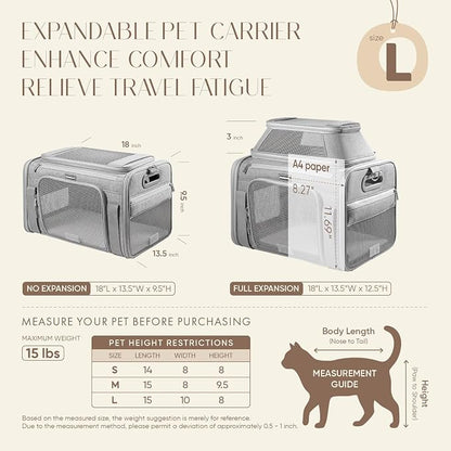 Top-Expandable Pet Carrier with Treat Pet Window,18x13x9.5 Airline Approved | for Southwest Frontier,Soft-Sided Dog Carrier, Anti-Scratch Mesh, Lockable Zippers,Cat Carrier for Kitten,Rabbit,Puppy, Grey