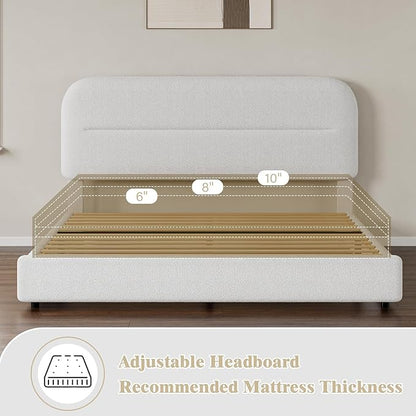 HOMBCK Full Size Bed Frame, Boucle Upholstered Bed Frame Full with Headboard and Thickened Footboard, Rounded Corners, No Box Spring Needed, Easy Assembly, White