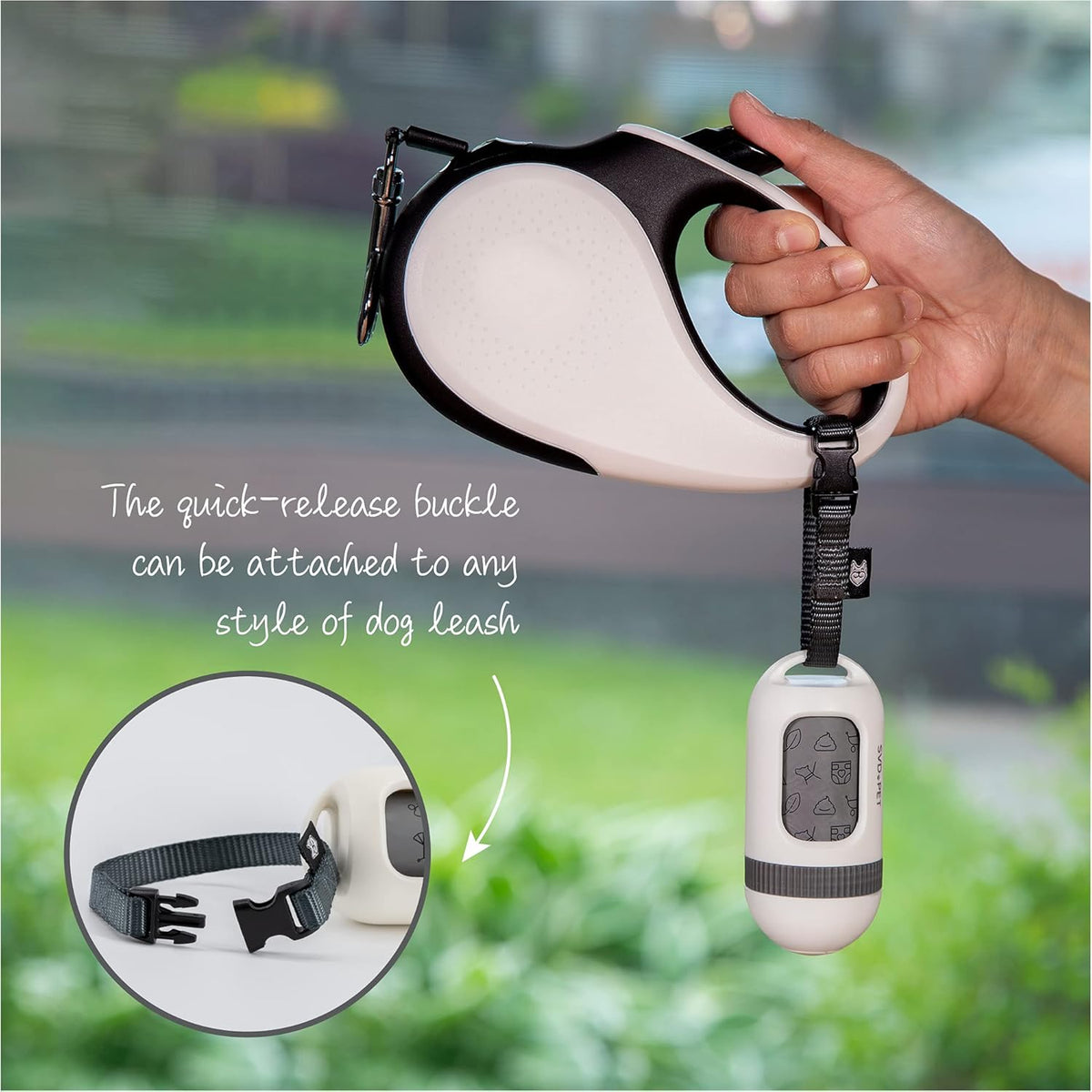 SVD.PET Dog Poop Bag Dispenser, Retractable Waste Bag Fits Any Dog Leash, Drop-Proof Poop Bag Holder, Doggy Walking Accessory (Pearl White)