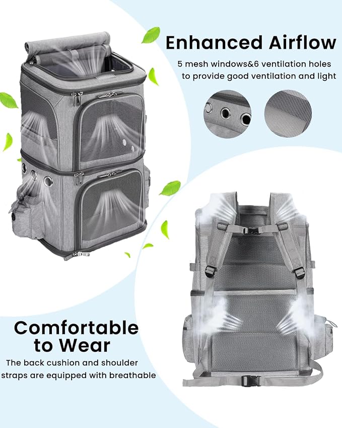 HOVONO Double-Compartment Cat Backpack Carrier for Mulit-Cat Families | Extra Large Pet Backpack Carrier for 2 Cats with Removable Divider and Breathable Mesh Windows for Hiking/Camping/Vet Visits